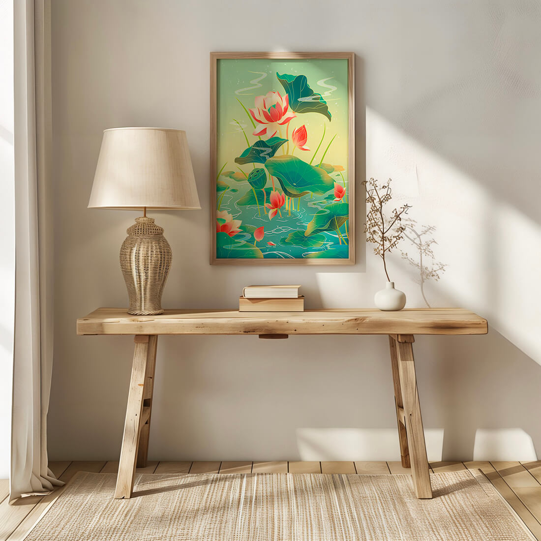 Serene lotus pond with vibrant lilies and lush green leaves