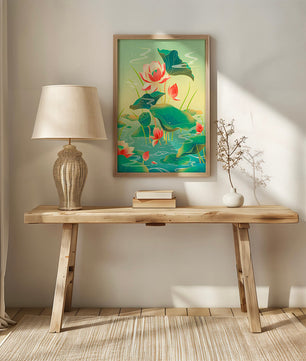 Serene lotus pond with vibrant lilies and lush green leaves
