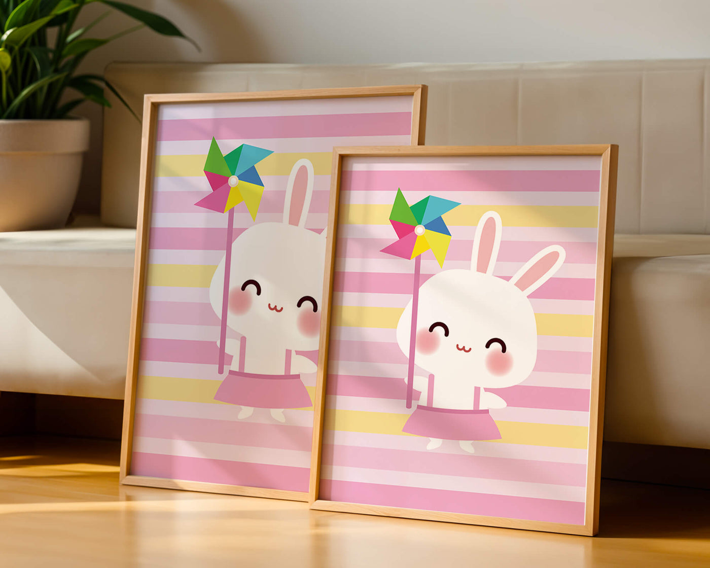 Adorable bunny with pinwheel on pastel striped backdrop