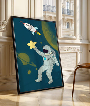 Astronaut Reaching for Star with Rocket and Planets in Space Scene - Mi tienda