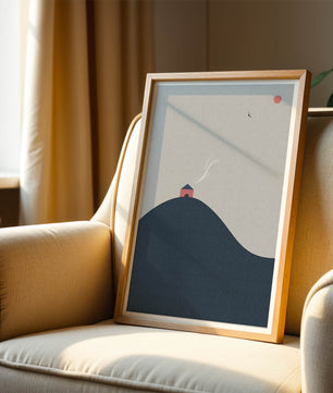 Minimalistische Landschaft mit Haus auf einem Hügel und Sonnenuntergang