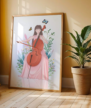 Girl Playing Cello Surrounded by Nature with Butterflies - Mi tienda