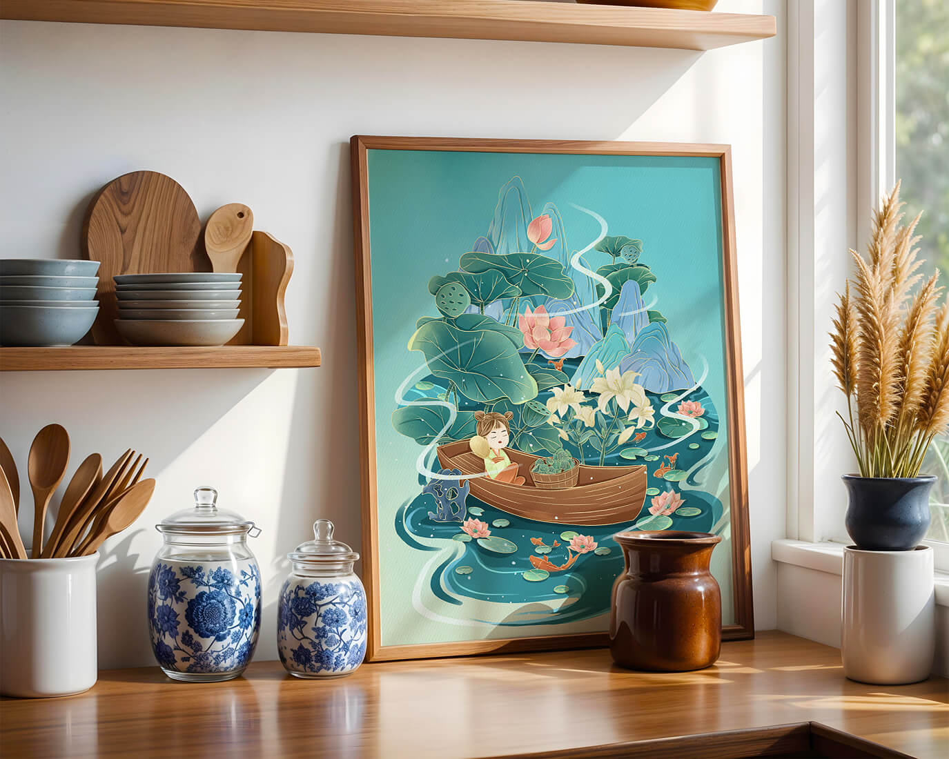 Serene landscape with lotus and boat in a tranquil water scene
