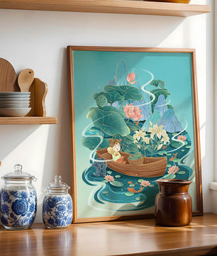 Heitere Landschaft mit Lotus und Boot in einer ruhigen Wasserszene
