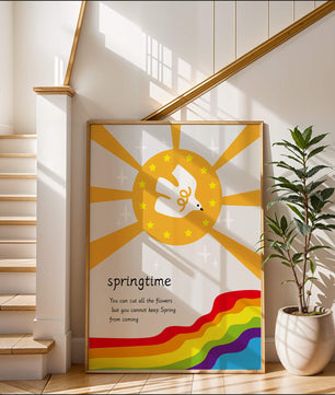Colorful springtime illustration with dove and rainbow