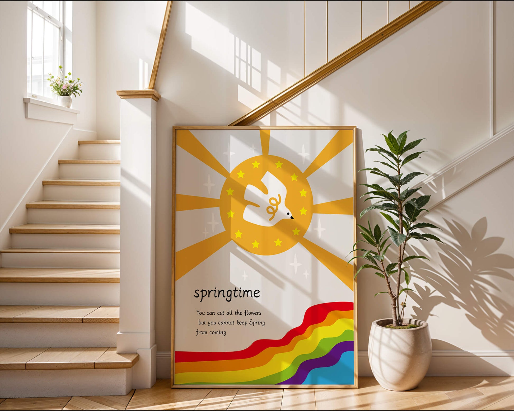 Colorful springtime illustration with dove and rainbow
