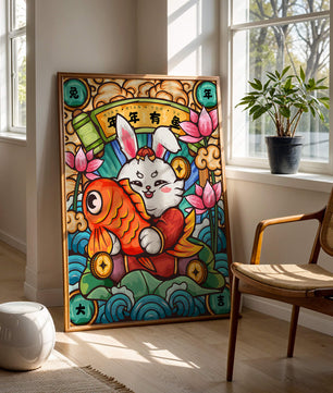 Festive rabbit holding golden fish with lotus flowers and waves in a traditional design