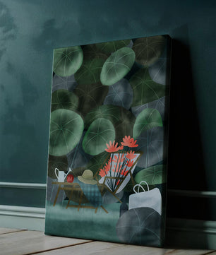 Garden Scene with Flowers, Table, and Chair in a Leafy Backdrop