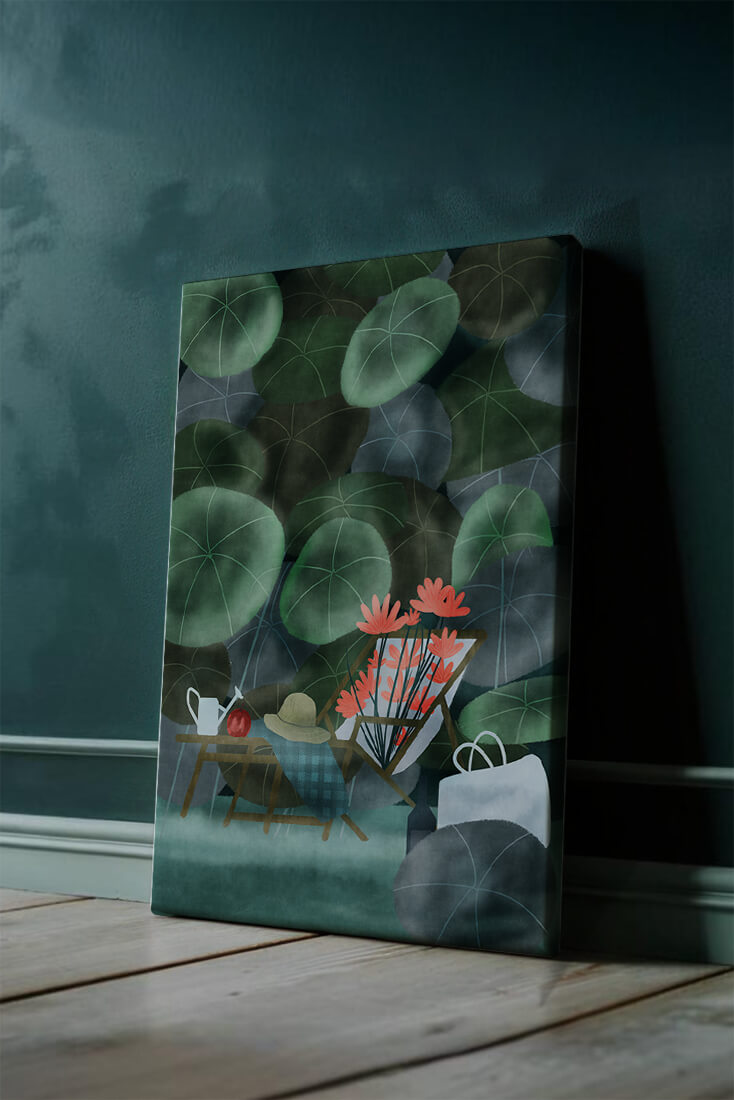 Garden Scene with Flowers, Table, and Chair in a Leafy Backdrop