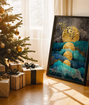 Abstract Landscape with Golden Sun and Flying Birds