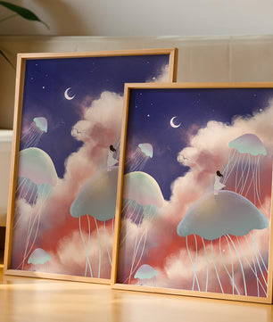 Dreamy Scene with Floating Jellyfish and Moonlit Sky
