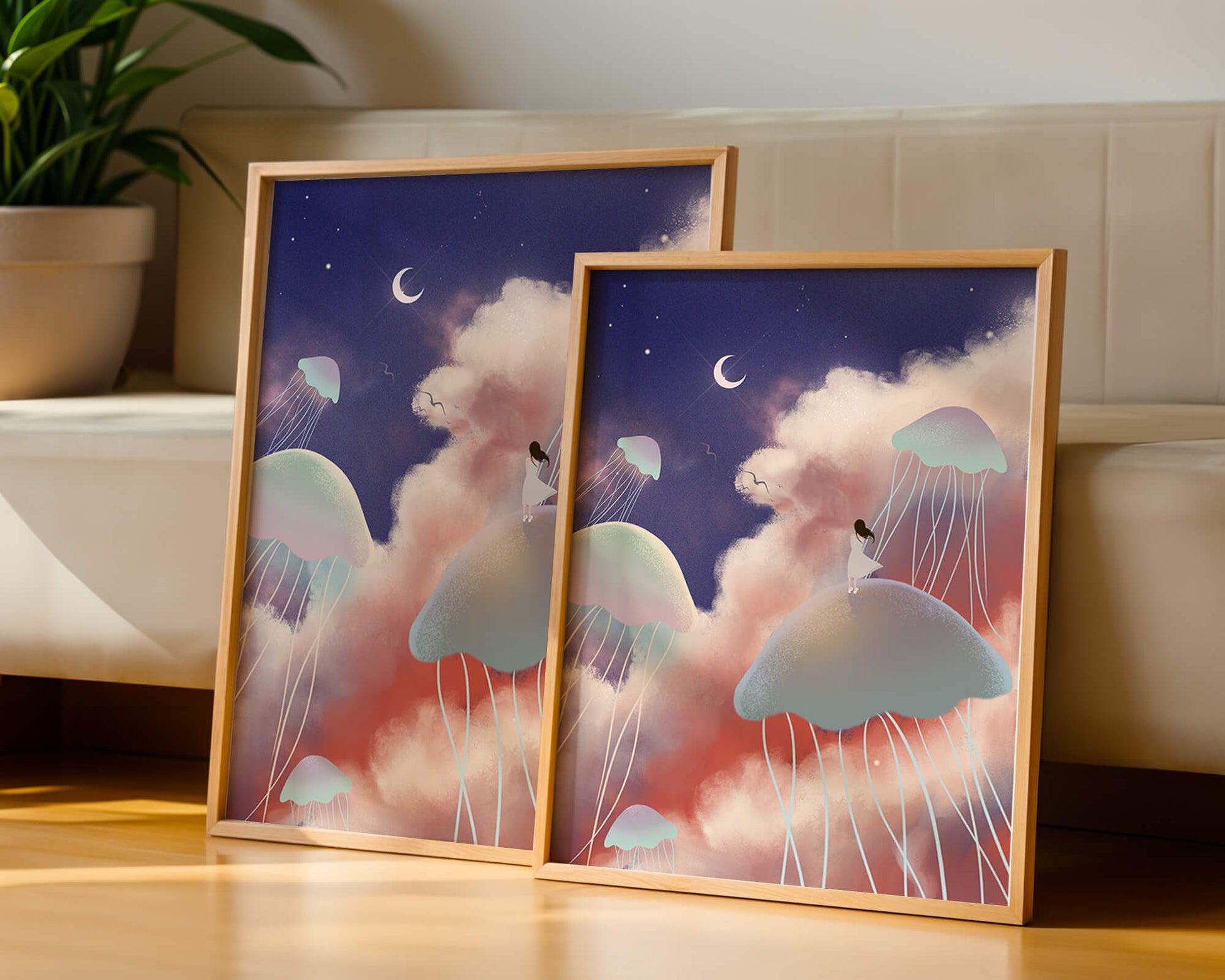 Dreamy Scene with Floating Jellyfish and Moonlit Sky