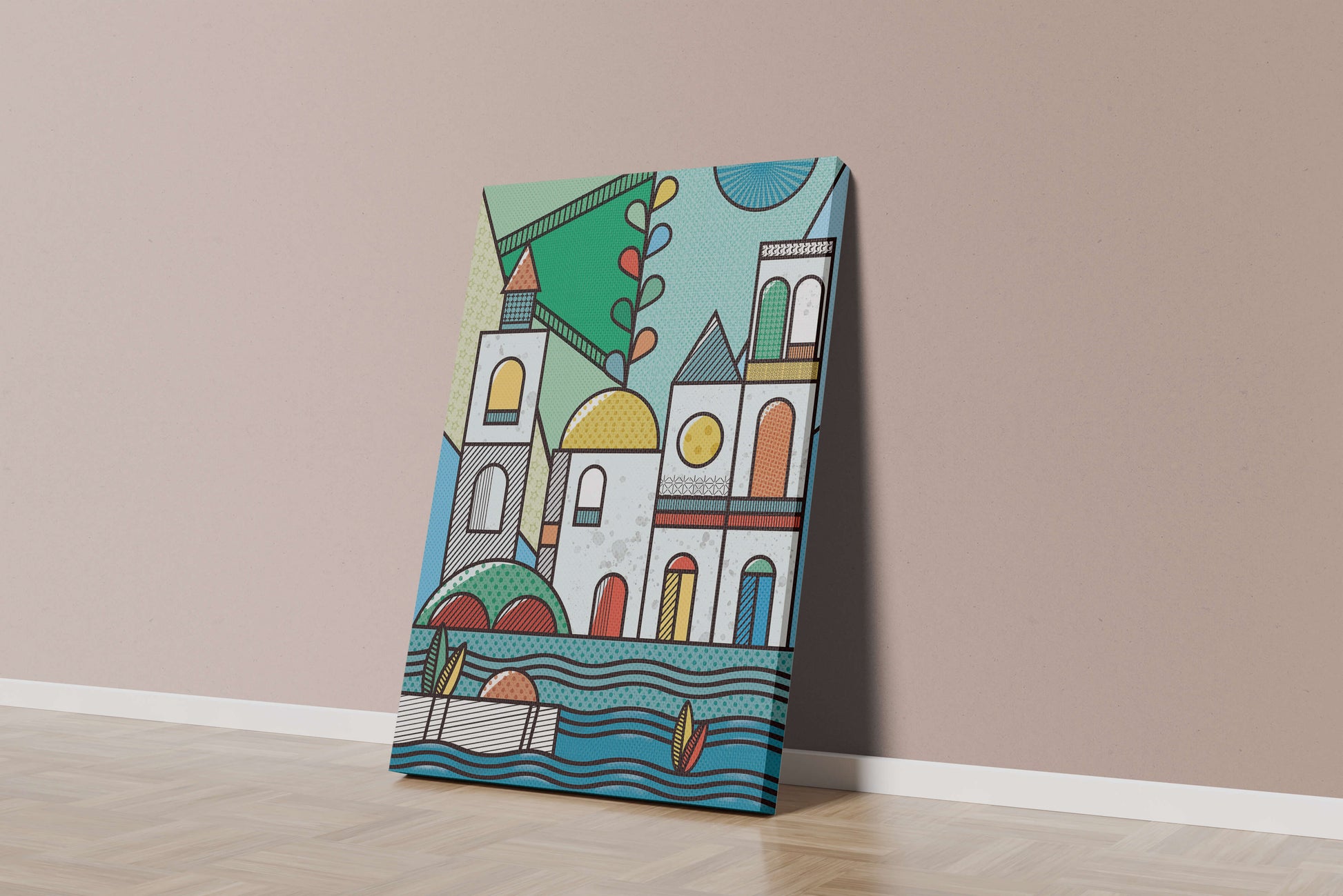 Paysage urbain géométrique coloré avec des éléments architecturaux modernes