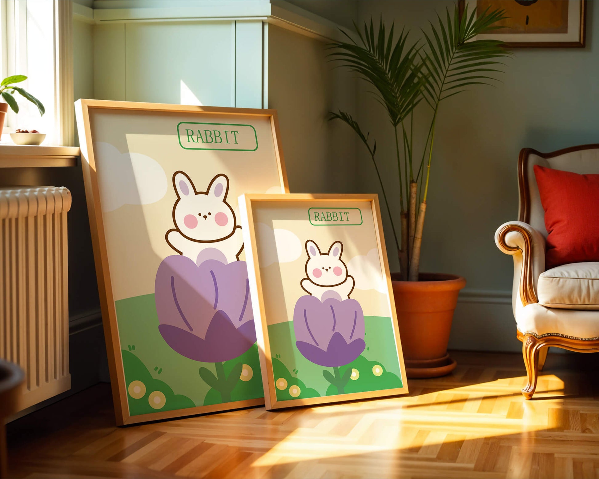 Ilustración caprichosa de un conejo adorable en una flor con colores pastel