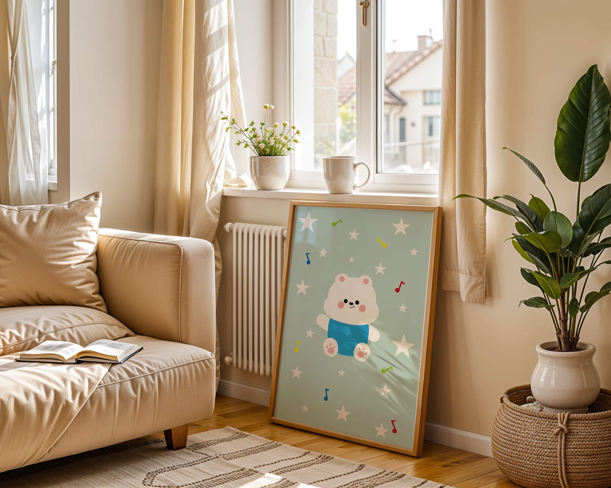 Playful bear illustration with musical notes and stars