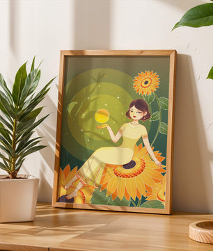 Elegant woman sitting on sunflowers in a celestial scene