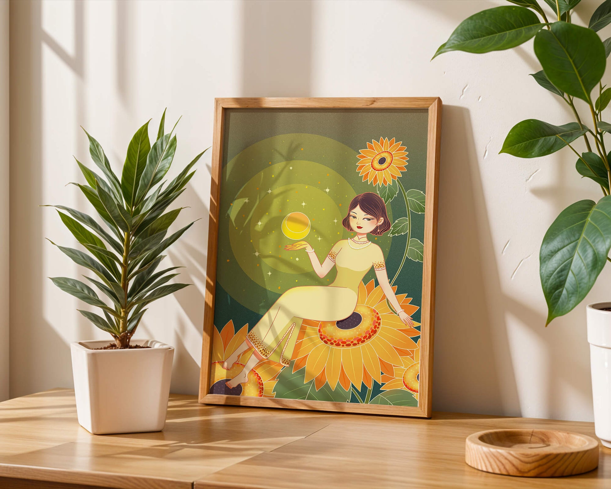 Elegant woman sitting on sunflowers in a celestial scene