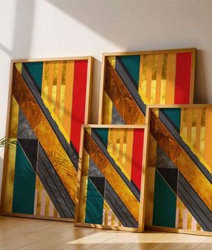 Abstract geometric design with gold accents and vibrant colors