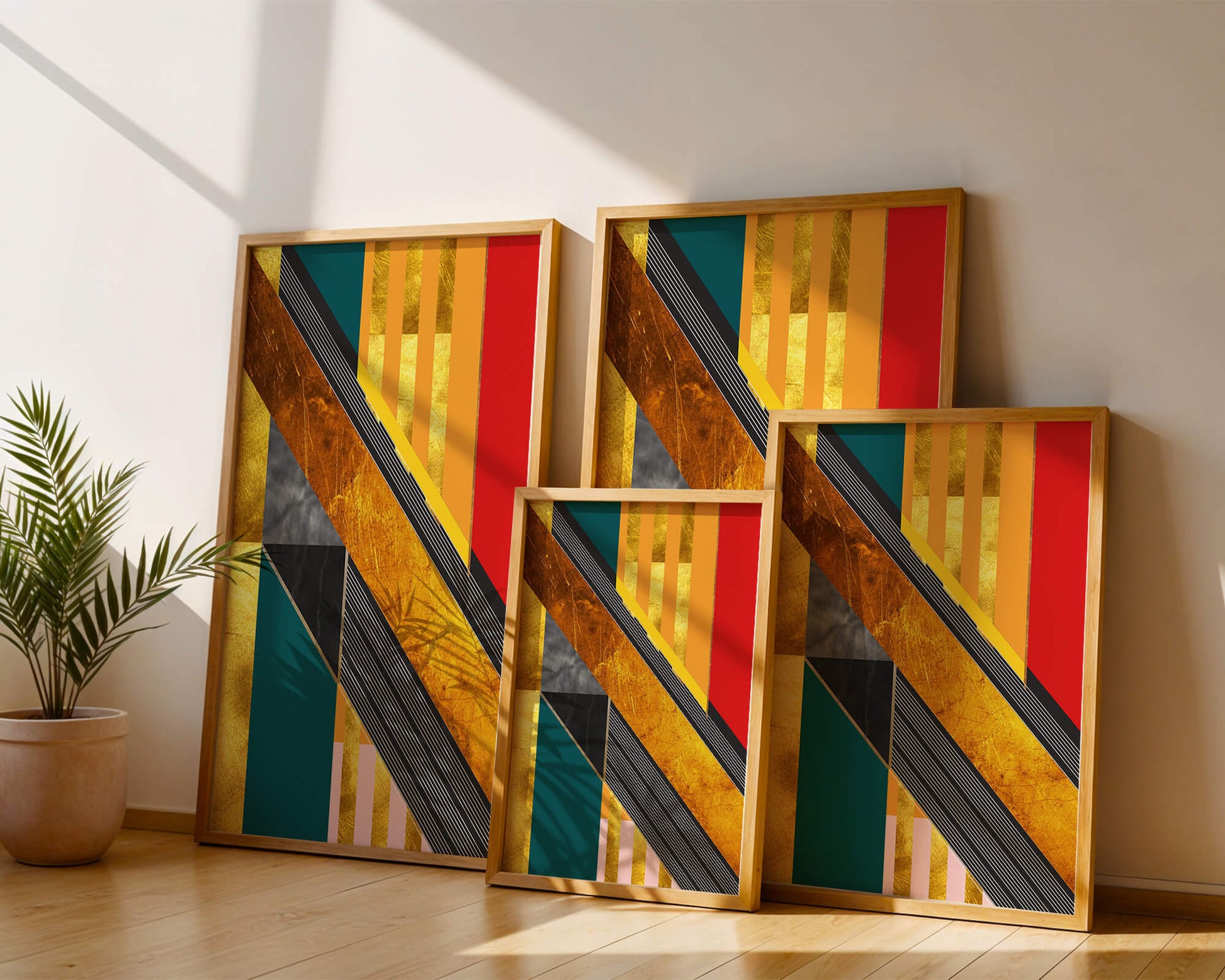 Abstract geometric design with gold accents and vibrant colors