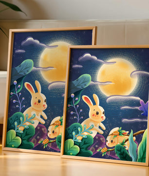 Charming illustration of rabbits under a full moon in a vibrant night garden