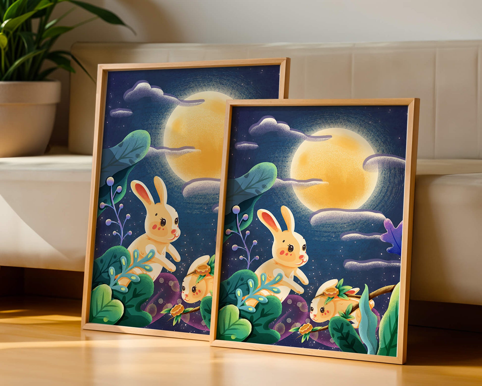 Charming illustration of rabbits under a full moon in a vibrant night garden