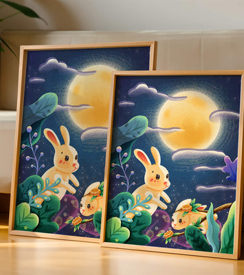Charming illustration of rabbits under a full moon in a vibrant night garden