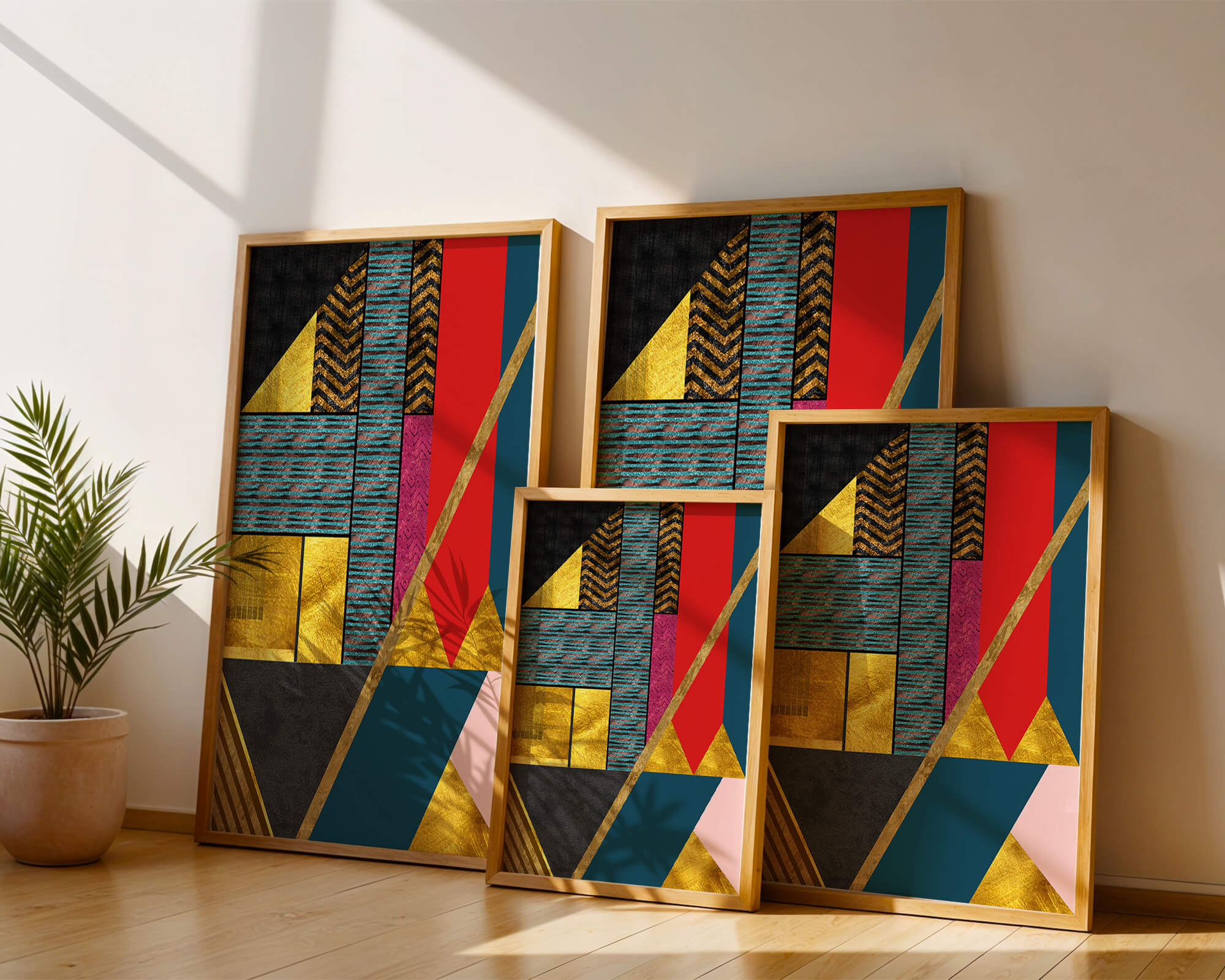 Geometric abstract art with bold colors and golden accents