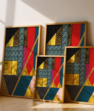 Geometric abstract art with bold colors and golden accents