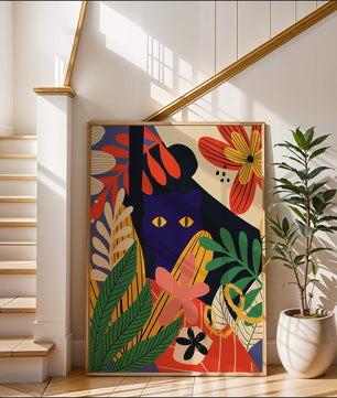 Ilustración abstracta colorida con un gato y patrones florales