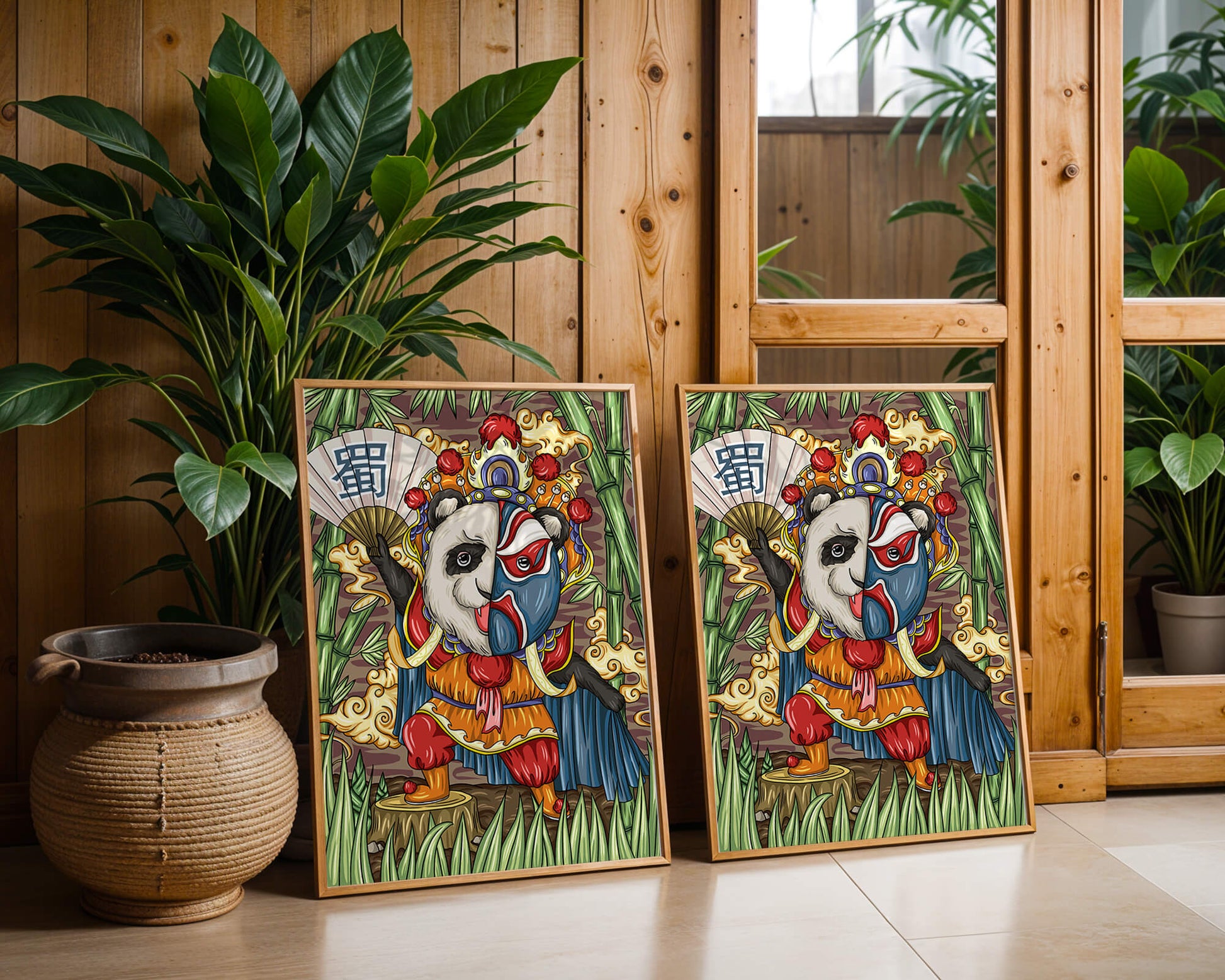 Colorful panda dressed in traditional Chinese opera costume surrounded by bamboo
