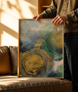 Cerf majestueux sur des cernes dorés avec des oiseaux et des nuages