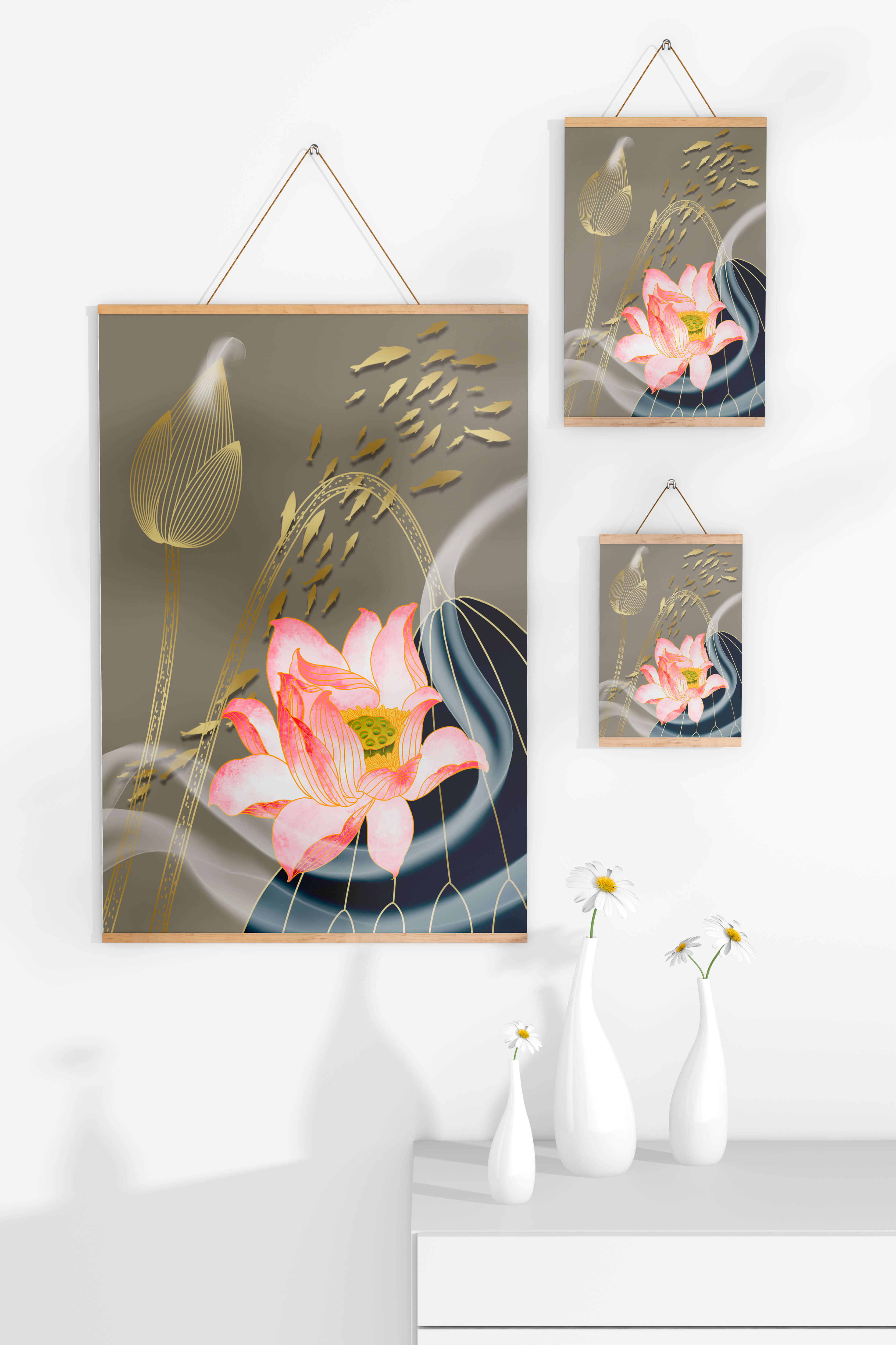 Elegant floral design with blooming lotus and golden fish accents