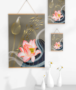Elegant floral design with blooming lotus and golden fish accents