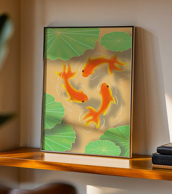 Tranquil pond scene with koi fish and lily pads