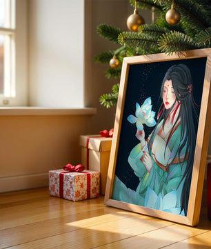Elegant Woman Holding Glowing Lotus in Tranquil Nightscape