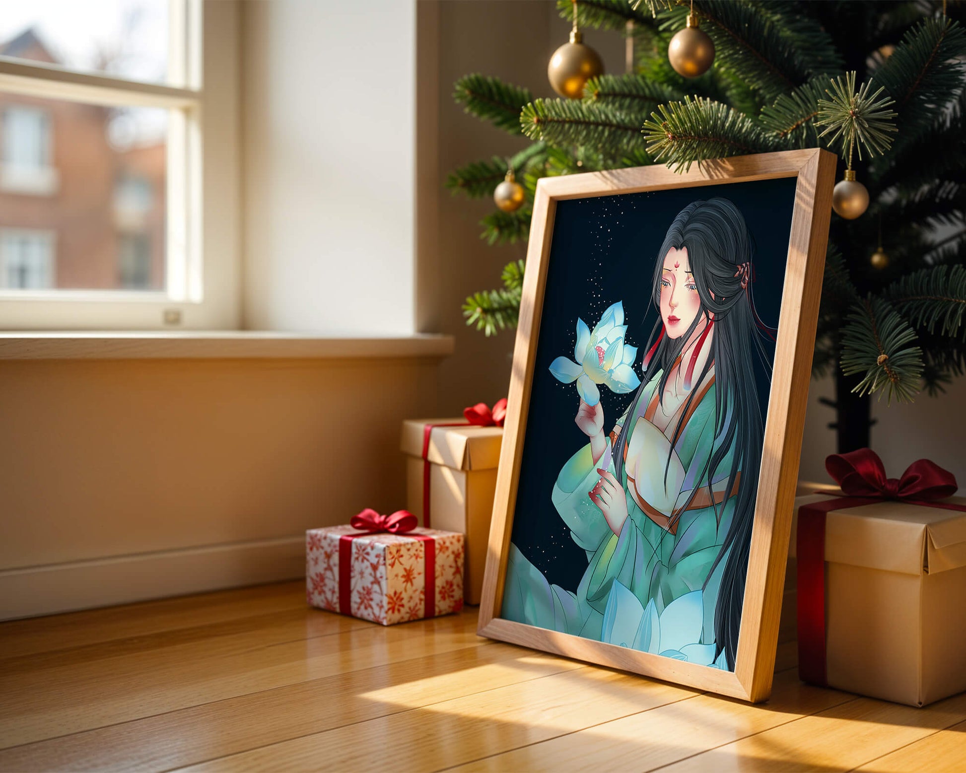 Elegant Woman Holding Glowing Lotus in Tranquil Nightscape