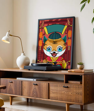 Tigre de dibujos animados colorido con linternas y elementos tradicionales
