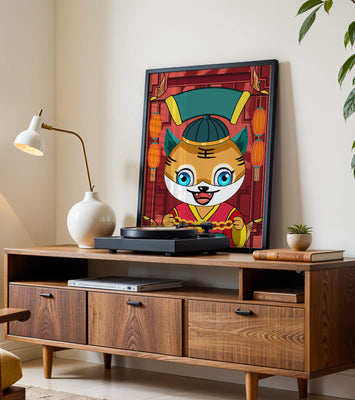 Colorful cartoon tiger with lanterns and traditional elements