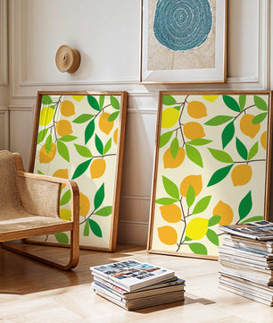 Vibrant lemon pattern with colorful leaves and citrus fruits