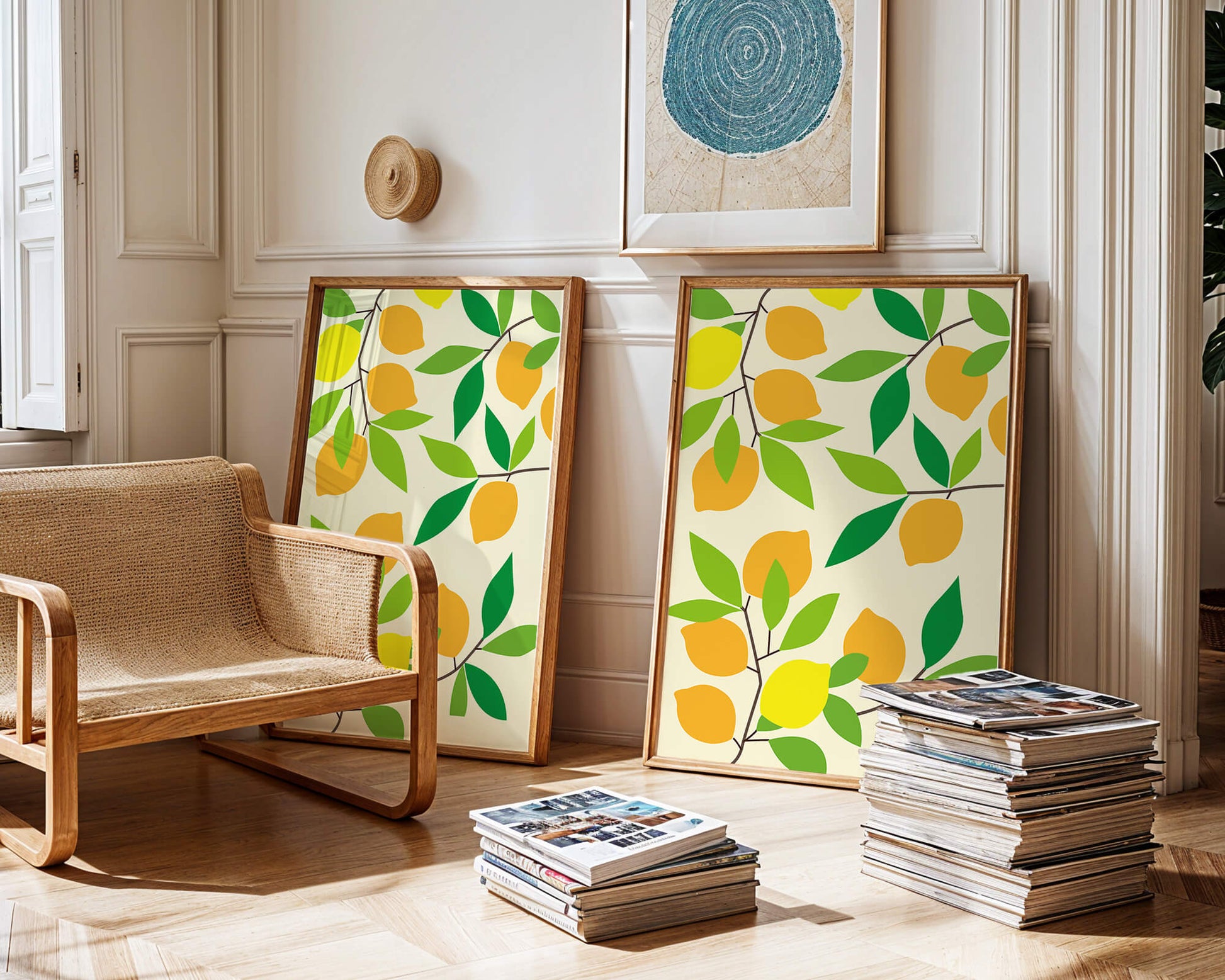 Vibrant lemon pattern with colorful leaves and citrus fruits