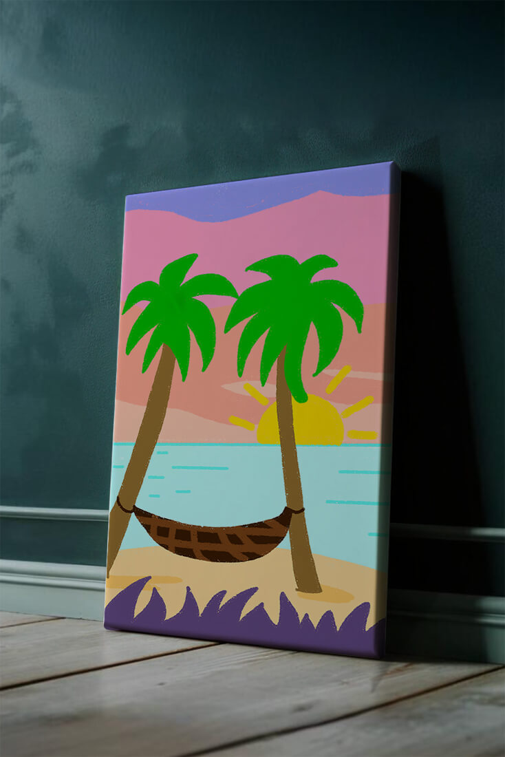Tranquil beach scene with hammock and sunset