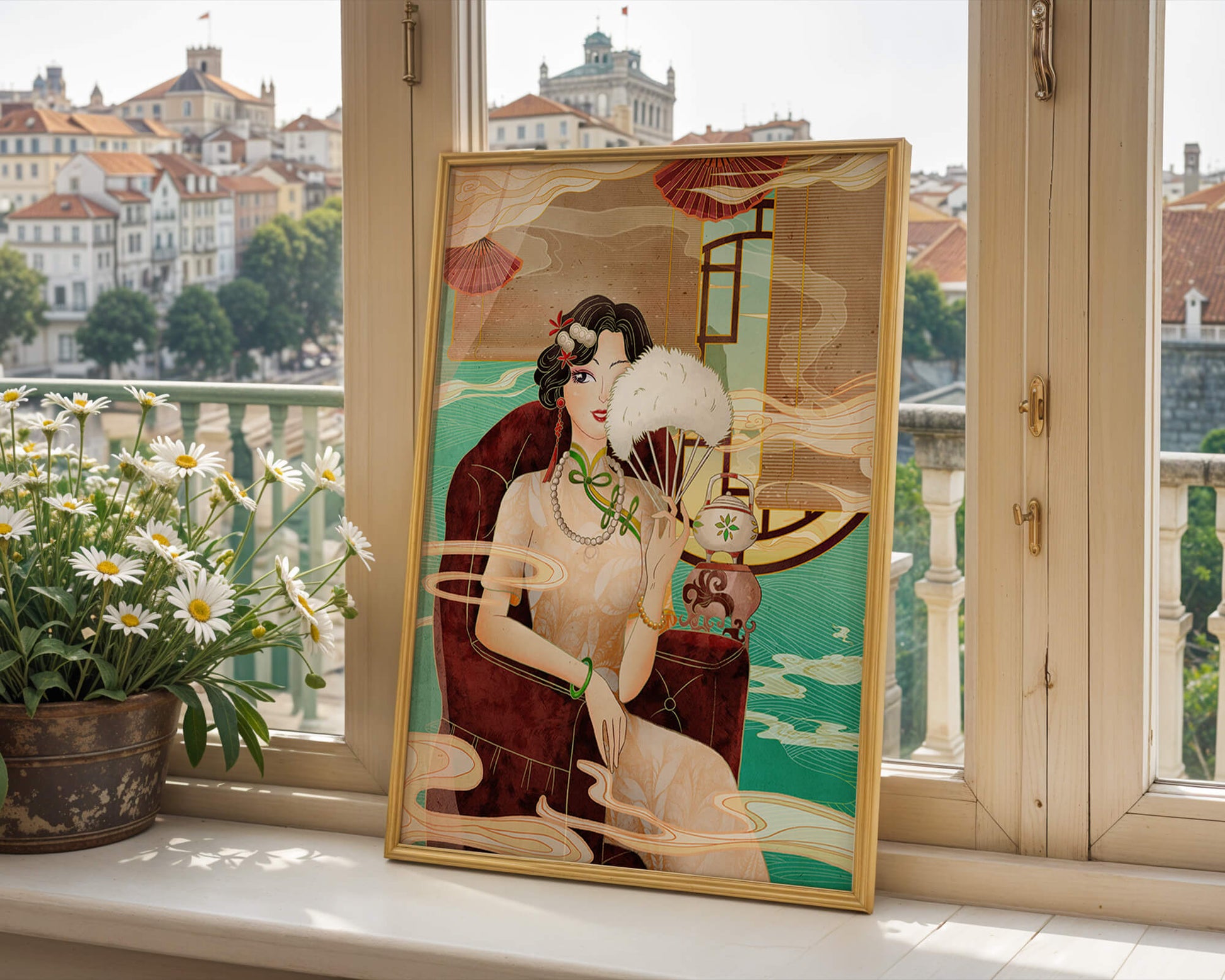Elegant vintage Asian-inspired artwork featuring a woman with a fan