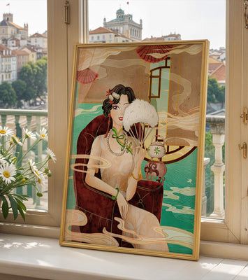 Elegant vintage Asian-inspired artwork featuring a woman with a fan