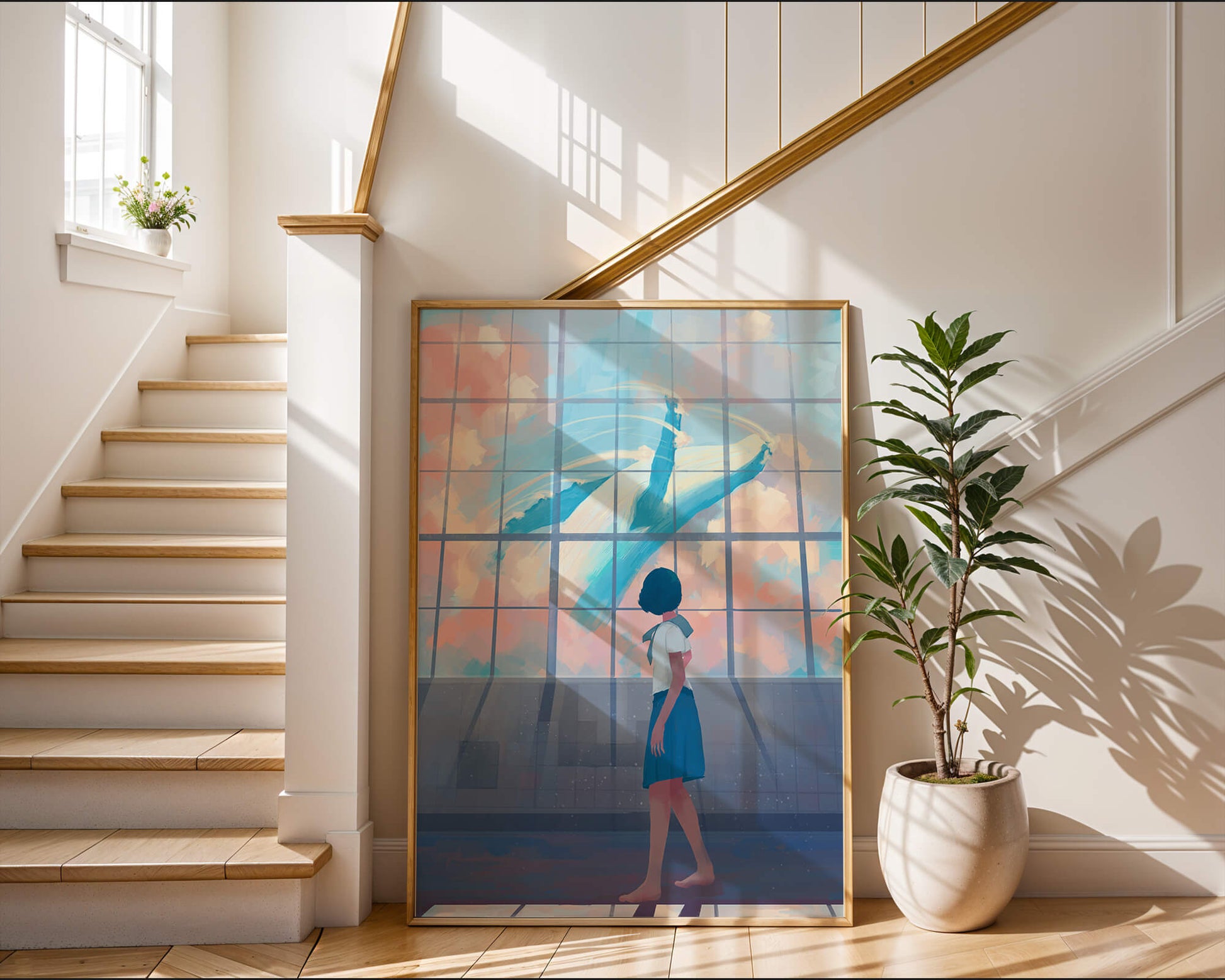 Young girl looking at a giant whale through a large window