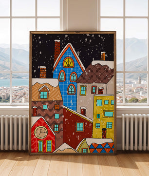 Farbenfrohe Winterstadtlandschaft mit schneebedeckten Häusern im Cartoon-Stil