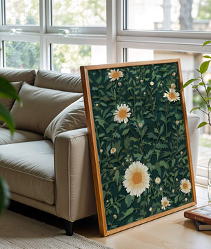 Floral pattern with daisies on a dark green background