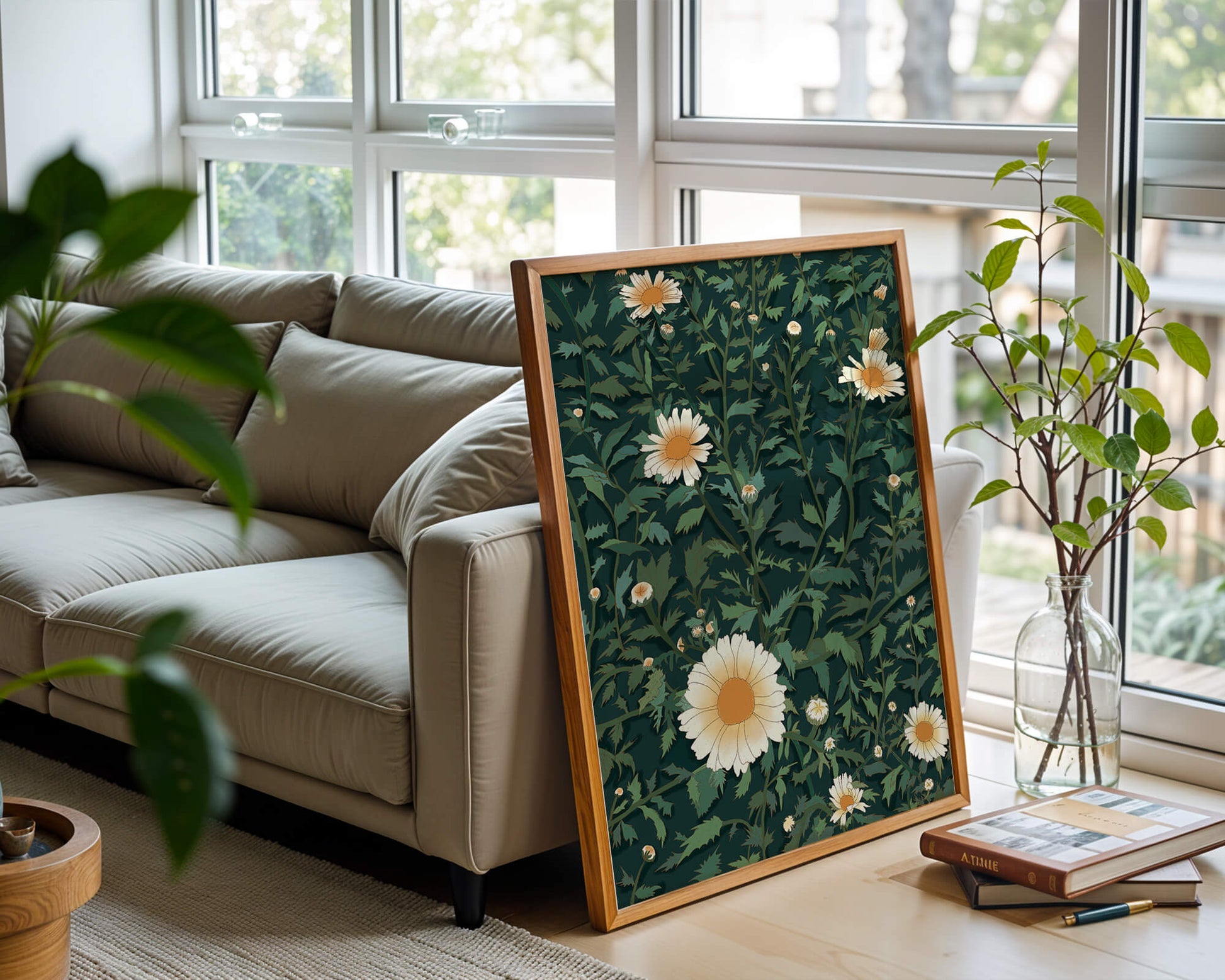 Floral pattern with daisies on a dark green background