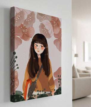 Ilustración de una niña con flores en tonos pasteles suaves