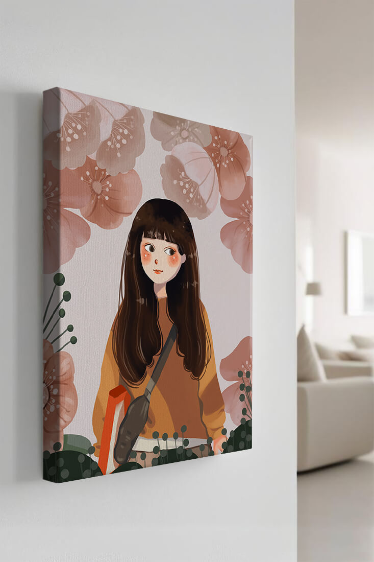 Illustration of girl with flowers in soft pastel hues