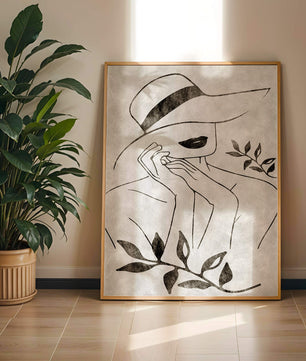 Abstract Woman in Hat with Minimalist Leaf Design